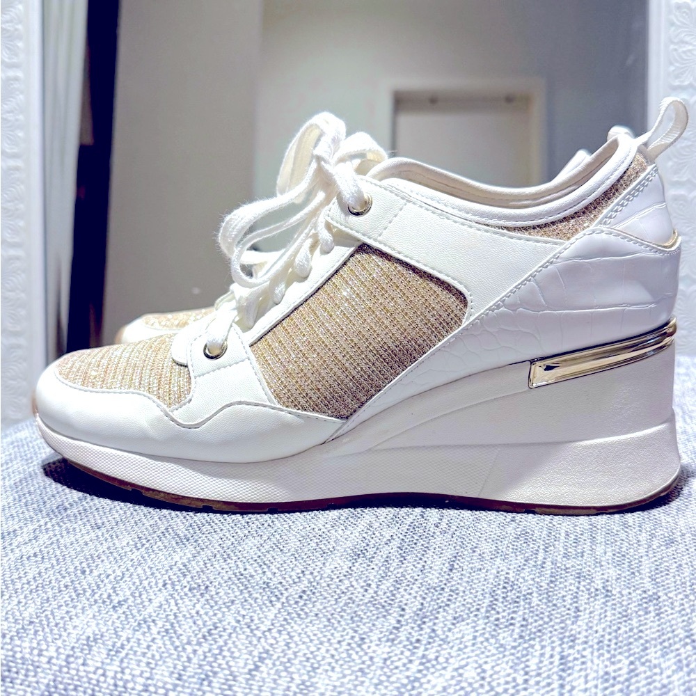 Aldo White/Creme/Gold Wedge Sneakers